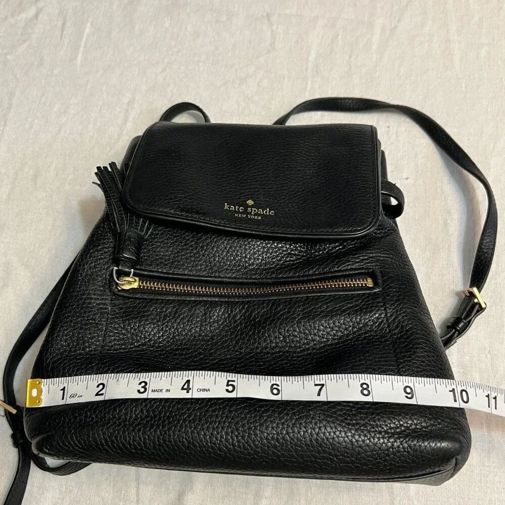 kate spade Black Leather Backpack Tessel Zip Pocket Drawstring Flap Bag - Picture 7 of 9